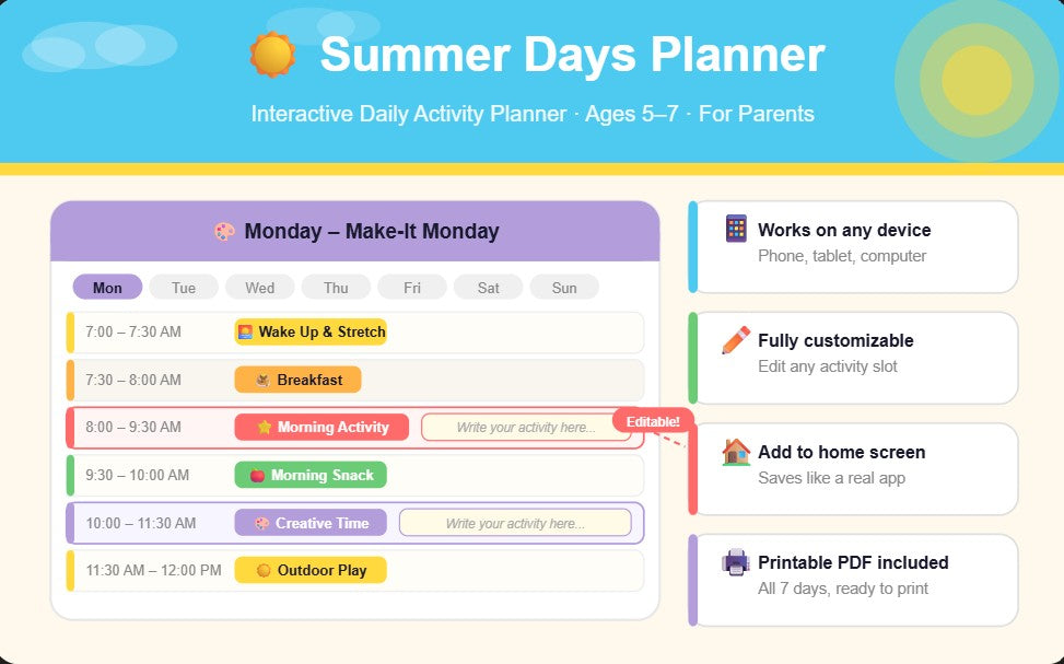 Summer Days Planner – Interactive Activity Planner for Kids Ages 5-7
